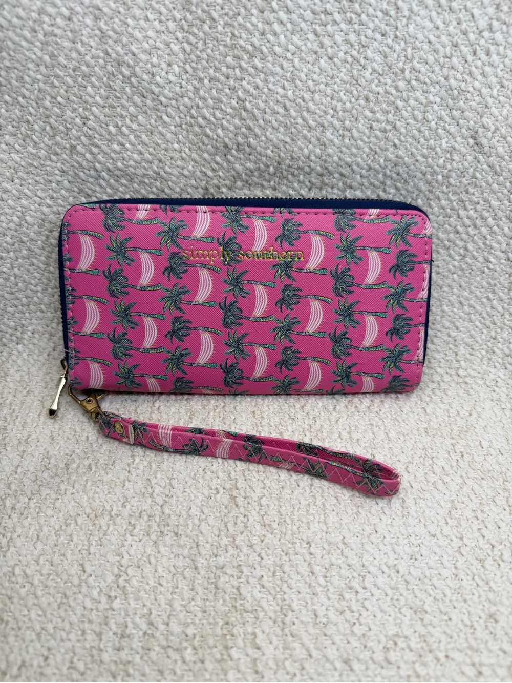 Simply Southern Hot Pink Palm-Print Wristlet Wallet with Navy Trim